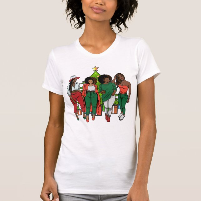 Melanin Sistas Christmas Tree & Gifts Black Girls T-Shirt (Front)