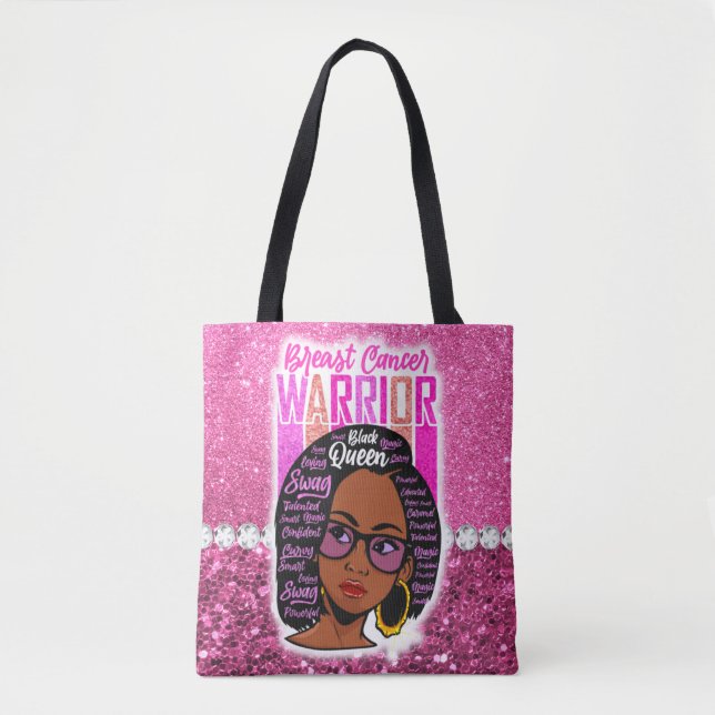 Melanin woman breast cancer warrior survivor black tote bag (Front)