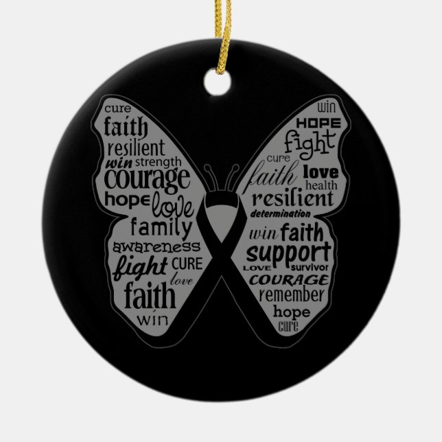Melanoma Butterfly Collage of Words Ceramic Tree Decoration (Front)