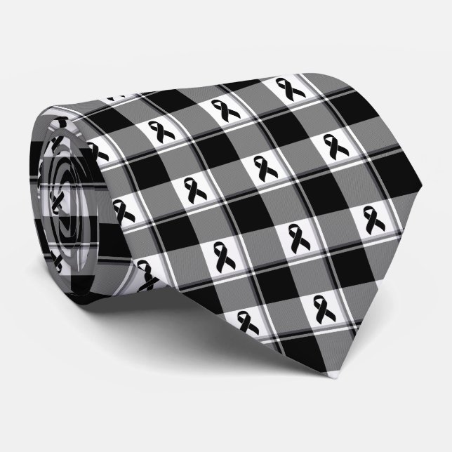 Melanoma Skin Cancer Awareness Plaid Black Ribbon Tie (Rolled)