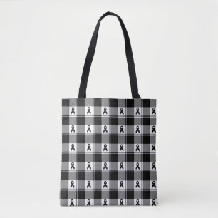 Melanoma Skin Cancer Awareness Plaid Black Ribbon Tote Bag