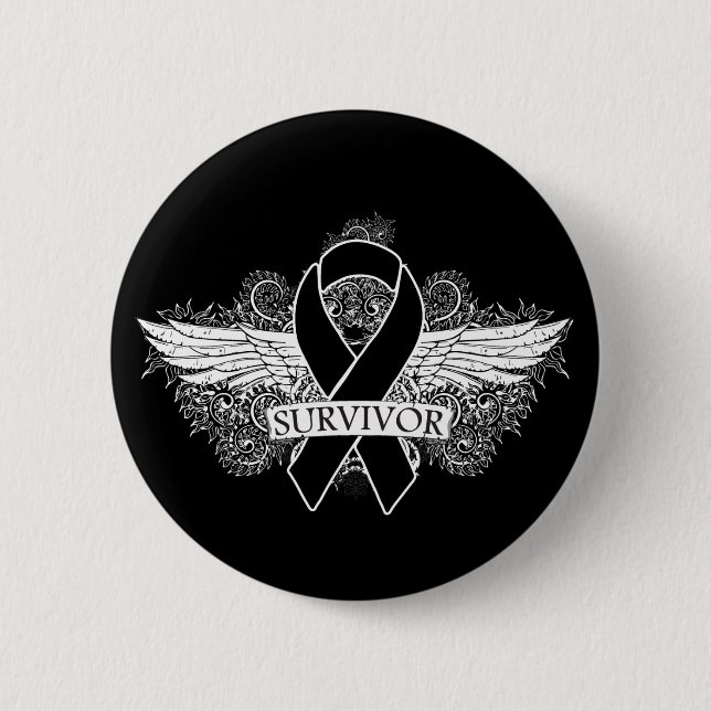 Melanoma Winged SURVIVOR Ribbon 6 Cm Round Badge (Front)