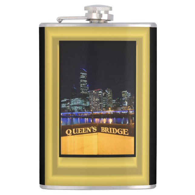 Melbourne Australia CBD Lights over Queen's Bridge Hip Flask (Front)
