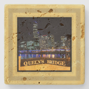 Melbourne Australia CBD Lights over Queen's Bridge Stone Coaster
