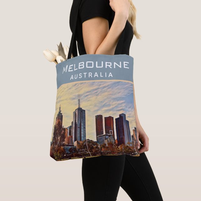 Melbourne Australia Skyline Watercolor Art Tote Bag (Close Up)