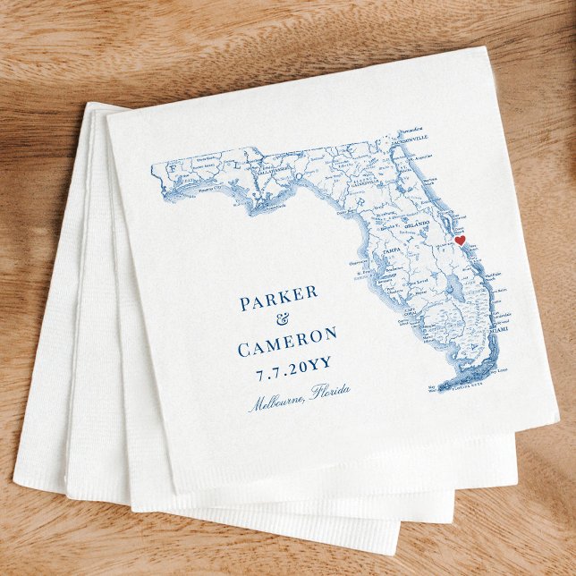 Melbourne Florida Map Elegant Wedding  Napkin (Elegant Melbourne Florida map wedding napkins in navy blue from Coastal Map Designs)