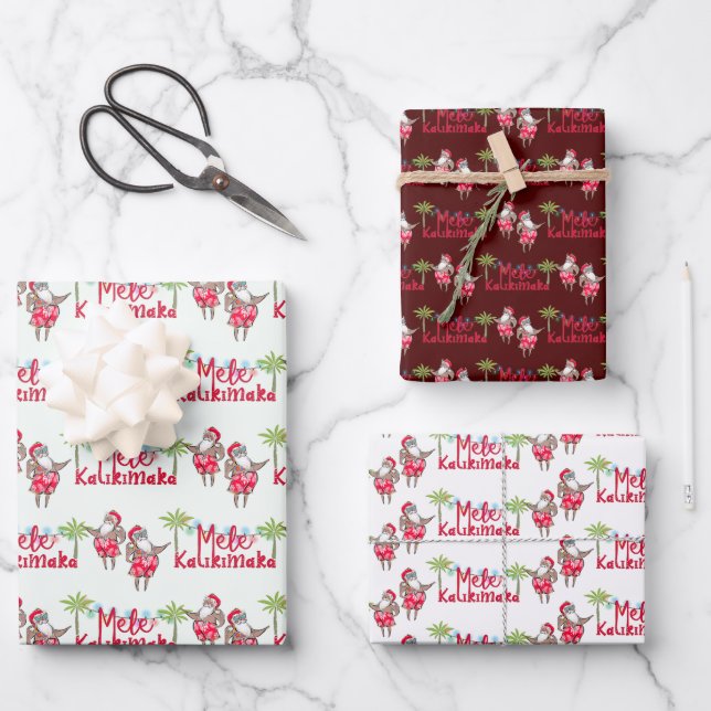 Mele Kalikimaka and Hawaiian Santas Wrappng Paper (Front)