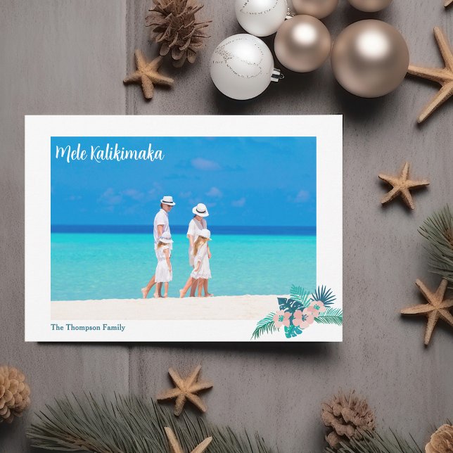 Mele Kalikimaka Beach Family Photo Hibiscus Floral Holiday Card (Creator Uploaded)