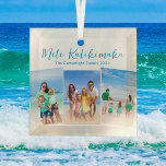 Mele Kalikimaka Beach Vacation 3 Photo Christmas Glass Tree Decoration<br><div class="desc">Chic customisable beach family photo collage Christmas ornament with your favourite tropical photo in the sun. Add 3 vertical photographs of your favourite trip from your island vacation to the coast. A beautiful coastal holiday ornament gift with pretty blue script above the three pictures.</div>
