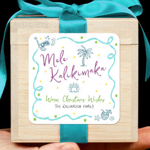 Mele Kalikimaka Blue Purple Green Doodle Christmas Square Sticker