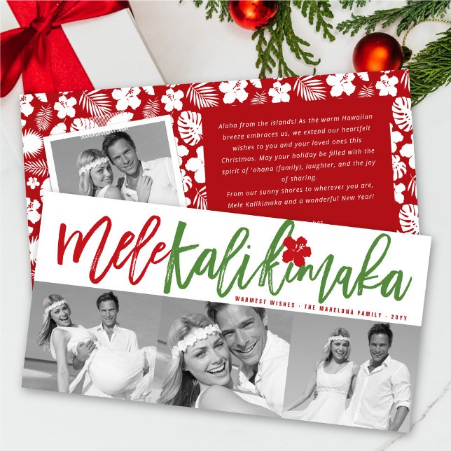 Mele Kalikimaka Brush Christmas 3 Photo Collage Holiday Card (Creator Uploaded)