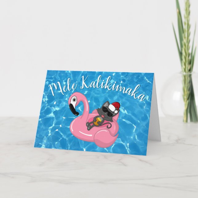 Mele Kalikimaka Christmas Hawaiian Cat Flamingo Holiday Card (Front)