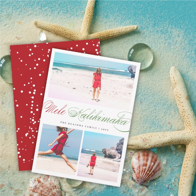 Mele Kalikimaka Classic Script Christmas 3 Photo Holiday Card (Creator Uploaded)