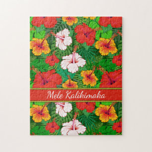 Mele Kalikimaka Colorful Hawaiian Flowers Holiday Jigsaw Puzzle