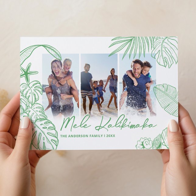 Mele Kalikimaka Green 3 Photo Christmas Holiday Card (Creator Uploaded)