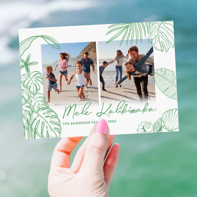 Mele Kalikimaka Green Two Photo Christmas Holiday Card (Creator Uploaded)