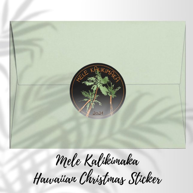 Mele Kalikimaka Hawaii Palm Trees Christmas Black Classic Round Sticker (Creator Uploaded)