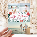 Mele Kalikimaka | Hawaiian Christmas Photo Collage Holiday Card<br><div class="desc">Send holiday greetings to friends and family, island-style, with our tropical holiday photo cards. Design features three favourite photos with the Hawaiian Christmas greeting "Mele Kalikimaka" in the centre in red hand lettered typography, flanked by vibrant red poinsettia flowers and holly leaves. Personalise with your names and the year beneath....</div>