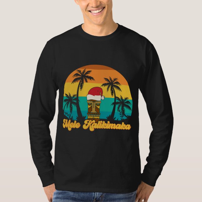 Mele Kalikimaka Hawaiian Christmas Tiki Santa Hat  T-Shirt (Front)