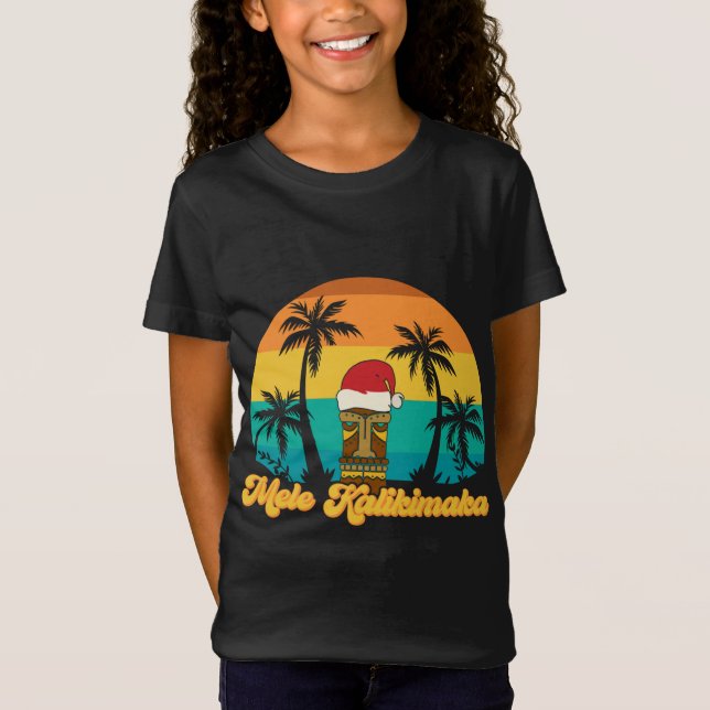 Mele Kalikimaka Hawaiian Christmas Tiki Santa Hat  T-Shirt (Front)