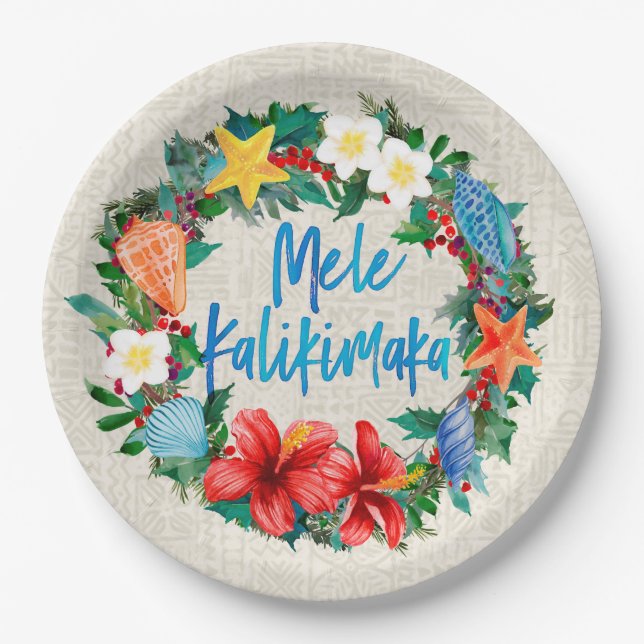 Mele Kalikimaka Hawaiian Christmas Wreath Paper Plate (Front)