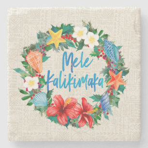 Mele Kalikimaka Hawaiian Christmas Wreath Stone Coaster
