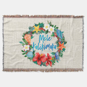 Mele Kalikimaka Hawaiian Christmas Wreath Throw Blanket