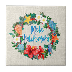 Mele Kalikimaka Hawaiian Christmas Wreath Tile