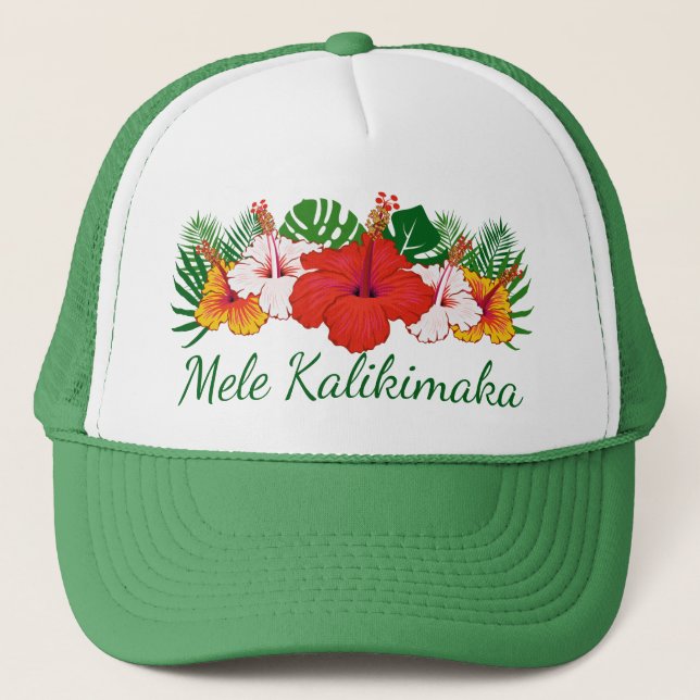 Mele Kalikimaka Hawaiian Flowers Leaves Holiday Trucker Hat (Front)