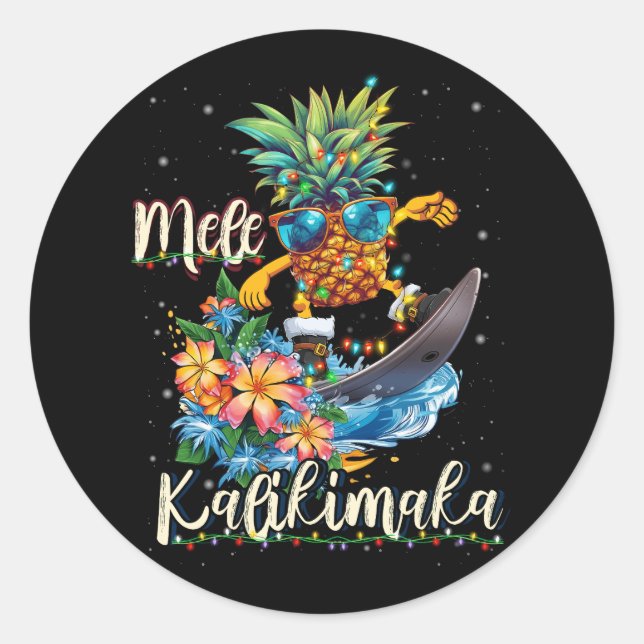 Mele Kalikimaka Hawaiian Pineapple Surfing Ridding Classic Round Sticker (Front)