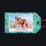 MELE KALIKIMAKA HAWAIIAN TROPICAL BEACH PHOTO GIFT TAGS<br><div class="desc">Blue and Green Turquoise incandescent Faux Foil MELE KALIKIMAKA - Merry Christmas Hawaiian Tropical Palm Leaf Family Photo Christmas Holiday Gift Tag. The picture and family name can be replaced on this simple beach or coastal vacation Christmas Family Photo Gift Tag.</div>