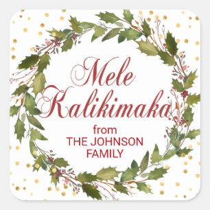 Mele Kalikimaka Holly Wreath Gold Red White Square Sticker