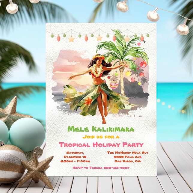 Mele Kalikimaka Hula Girl Tropical Holiday Party Invitation (Creator Uploaded)