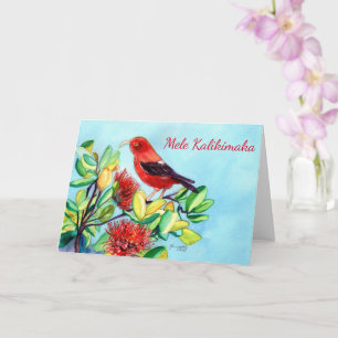 Mele Kalikimaka Iiwi Bird and Ohia Lehua Flower Card