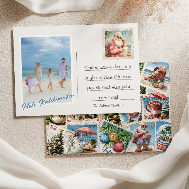 Mele Kalikimaka Photo Tropical Stamps Holiday Card (Creator Uploaded)