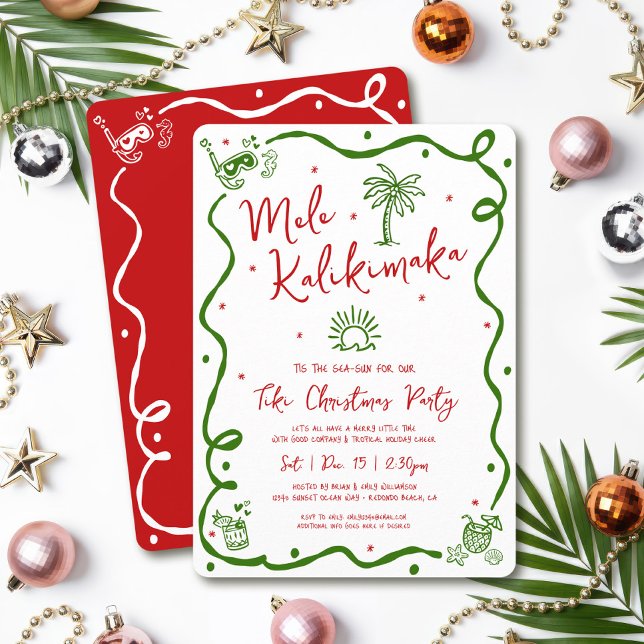 Mele Kalikimaka Red Green Hand Drawn Fun Christmas Invitation (Creator Uploaded)