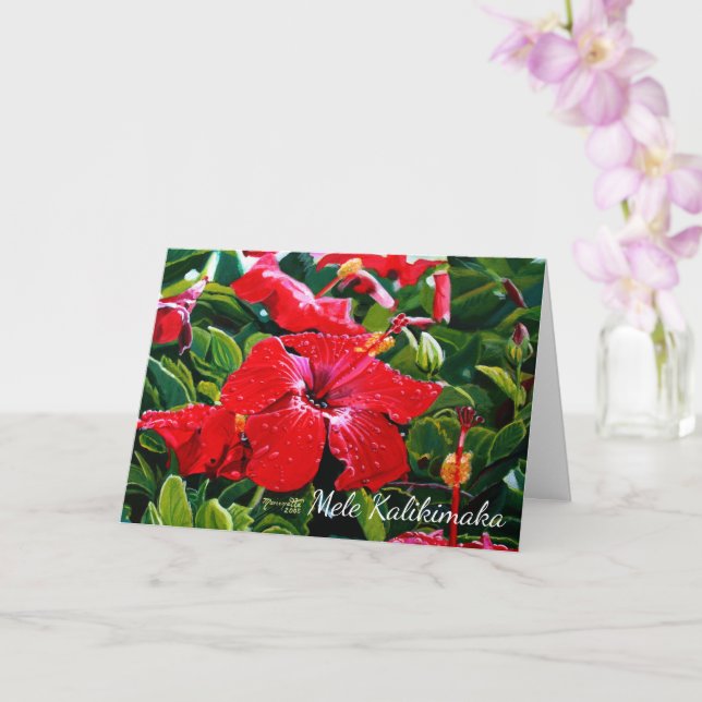 Mele Kalikimaka Red Hibiscus with Hawaiian Snow Card (Orchid)