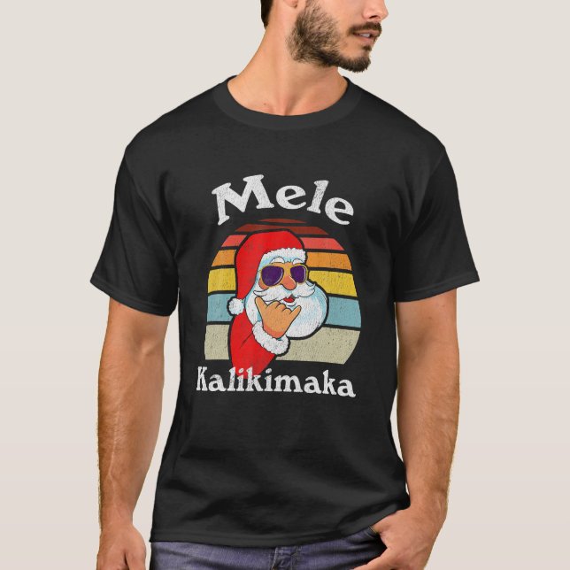 Mele Kalikimaka Retro Christmas Santa Shaka Hawaii T-Shirt (Front)