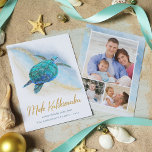 Mele Kalikimaka Sea Turtle Beach Coastal 3 Photo Holiday Card<br><div class="desc">This coastal Hawaiian themed Christmas card features a watercolor turquoise blue sea turtle on an abstract beach background with a faux gold glitter sparkly wave, and gold Mele Kalikimaka. On the back are 3 photo templates to easily personalise the cards with your favourite family photos. Check out the collection for...</div>