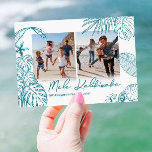 Mele Kalikimaka Teal Two Photo Christmas Holiday Card