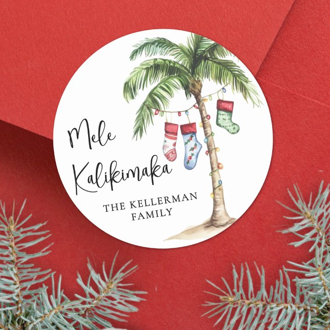Mele Kalikimaka Tropical Beach Christmas Classic Round Sticker (Mele Kalikimaka Tropical Beach Christmas Classic Round Sticker)
