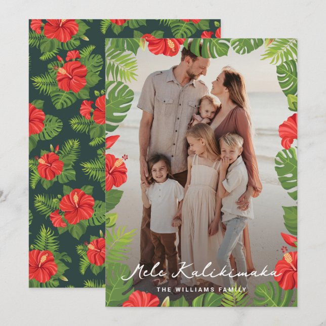 Mele Kalikimaka Tropical Floral Photo Christmas Holiday Card (Front/Back)