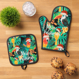 Mele Kalikimaka Tropical Jungle Birds Oven Mitt & Pot Holder Set