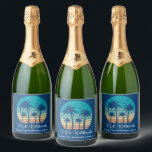 Mele Kalikimaka Tropical Sunset Christmas Party<br><div class="desc">This cute Hawaiian Christmas party champagne bottle label features a tropical beach sunset on a cool blue background with a drawing of coastal palm trees against a seaside sunset. Mele Kalikimaka written in cursive typography on these pretty personalised holiday gifts.</div>