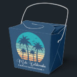 Mele Kalikimaka Tropical Sunset Christmas Party Favour Box<br><div class="desc">This cute Hawaiian Christmas party favour box features a tropical beach sunset on a cool blue background with a drawing of coastal palm trees against a seaside sunset. Mele Kalikimaka written in cursive typography on this pretty family holiday gift box.</div>