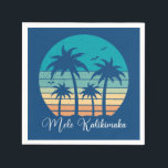 Mele Kalikimaka Tropical Sunset Christmas Party Napkin<br><div class="desc">This cute Hawaiian Christmas party paper napkin features a tropical beach sunset on a cool blue background with a drawing of coastal palm trees against a seaside sunset. Mele Kalikimaka written in cursive typography on this pretty family holiday decor.</div>