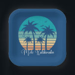 Mele Kalikimaka Tropical Sunset Christmas Party Paper Plate<br><div class="desc">This cute Hawaiian Christmas party paper plate features a tropical beach sunset on a cool blue background with a drawing of coastal palm trees against a seaside sunset. Mele Kalikimaka written in cursive typography on this pretty family holiday decor.</div>