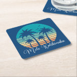 Mele Kalikimaka Tropical Sunset Christmas Party Square Paper Coaster<br><div class="desc">This cute Hawaiian Christmas party paper coaster features a tropical beach sunset on a cool blue background with a drawing of coastal palm trees against a seaside sunset. Mele Kalikimaka written in cursive typography on this pretty family holiday decor.</div>
