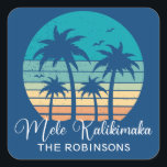 Mele Kalikimaka Tropical Sunset Christmas Party Square Sticker<br><div class="desc">This cute Hawaiian Christmas party sticker features a tropical beach sunset on a cool blue background with a drawing of coastal palm trees against a seaside sunset. Personalise with your name in white script under Mele Kalikimaka in cursive typography on these pretty family holiday stickers.</div>