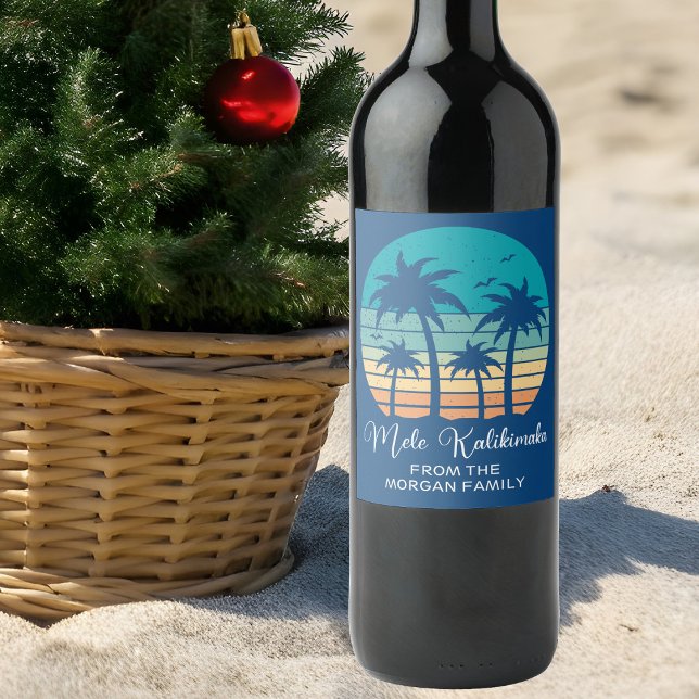Mele Kalikimaka Tropical Sunset Christmas Party Wine Label (Creator Uploaded)